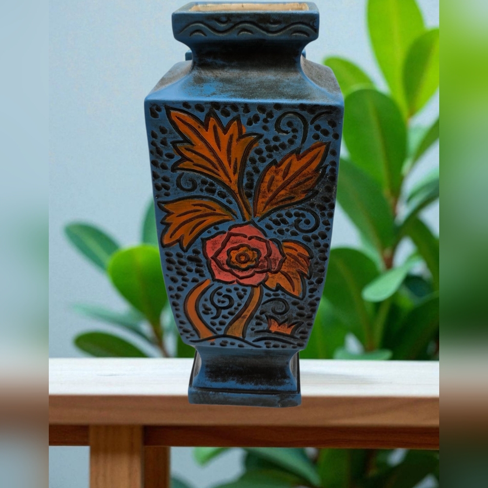 MCM Vintage Floral Blue Black and Orange Vase Ceramic Art Nouveau Inspired Style